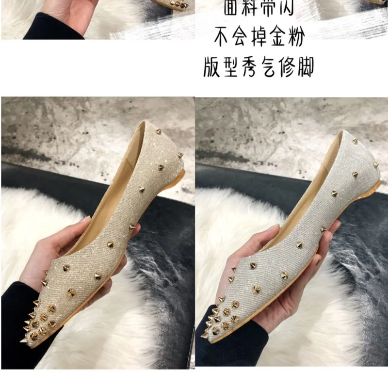 2022 Spring New Pointed Toe Shallow Mouth Rivet Flat Shoes Women's Inner Heightening Liuding Boat Shoes Sequin Crystal Shoes