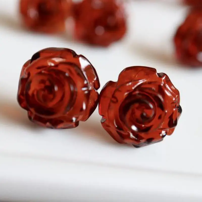 

100% Natural Red Amber Rose Flower Ear Studs 925 Sterling Silver Baltic Blood Ambers Earring For Women Healing Gemstone Jewelry