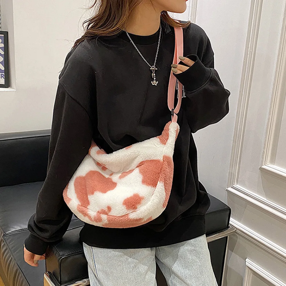 

Women Plush Faux Fur Bag Cow Pattern Dumpling Bags Fluffy All-match Brand Designer Handbag Winter Soft Warm Zipper Crossbody Bag