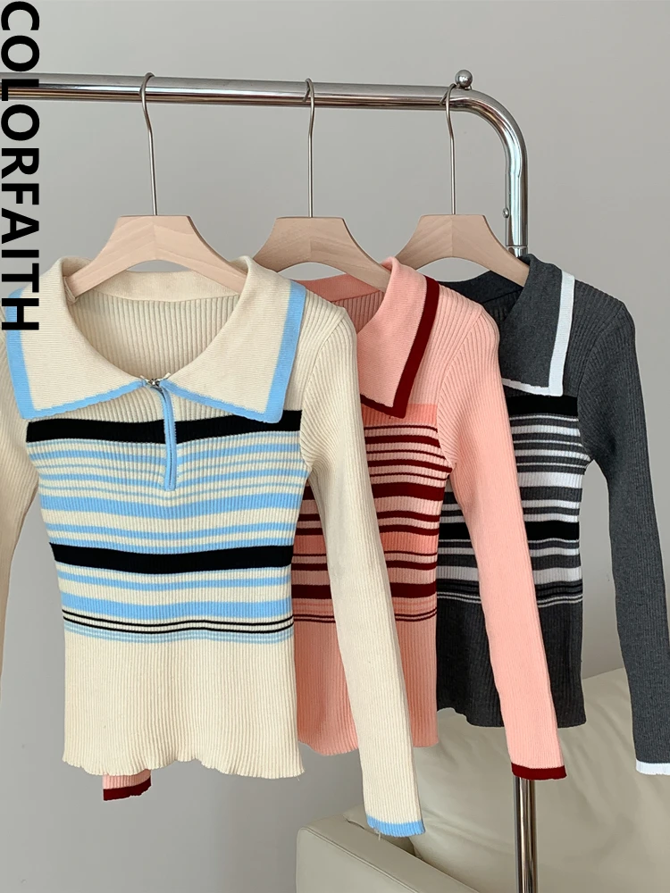 

Colorfaith New 2022 Chic Korean Fashion Vintage Color Blocking Striped Sweaters Slim Knitting Women Autumn Winter Tops SW5110JX