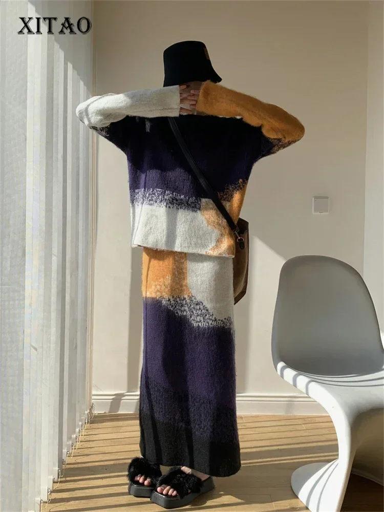 

XITAO/трикотажное свободное платье контрастных цветов; Пуловер с круглым вырезом; Повседневные свитера с эластичной резинкой на талии; Юбка длиной до щиколотки; Сезон осень; DMJ3159