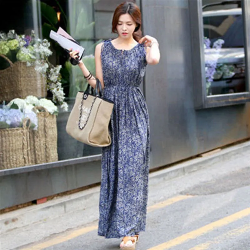 

Sigutan Summer New Women Bohemian Long Dress Sleeveless Floral Print Boho Elegant Slim O-neck Strap Beach Female Vestidos