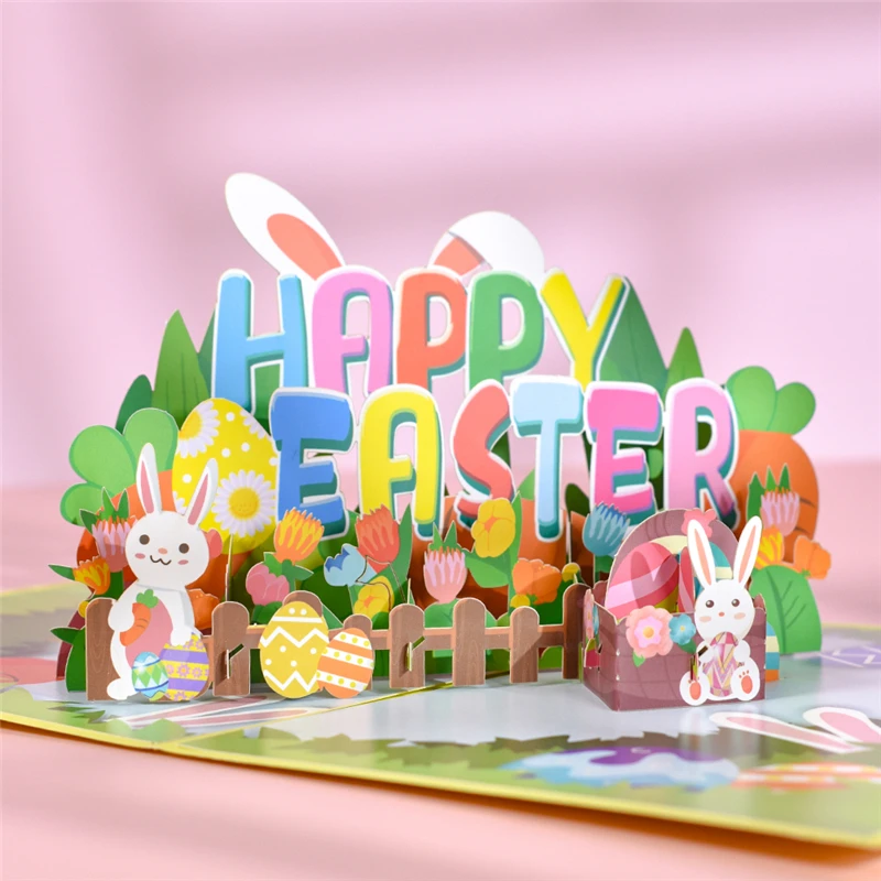 

2022 New 3D Three-dimensional Easter Greeting Card Bunny Egg Flowers Basket Pop Up Easter Cards Birthday for Kids