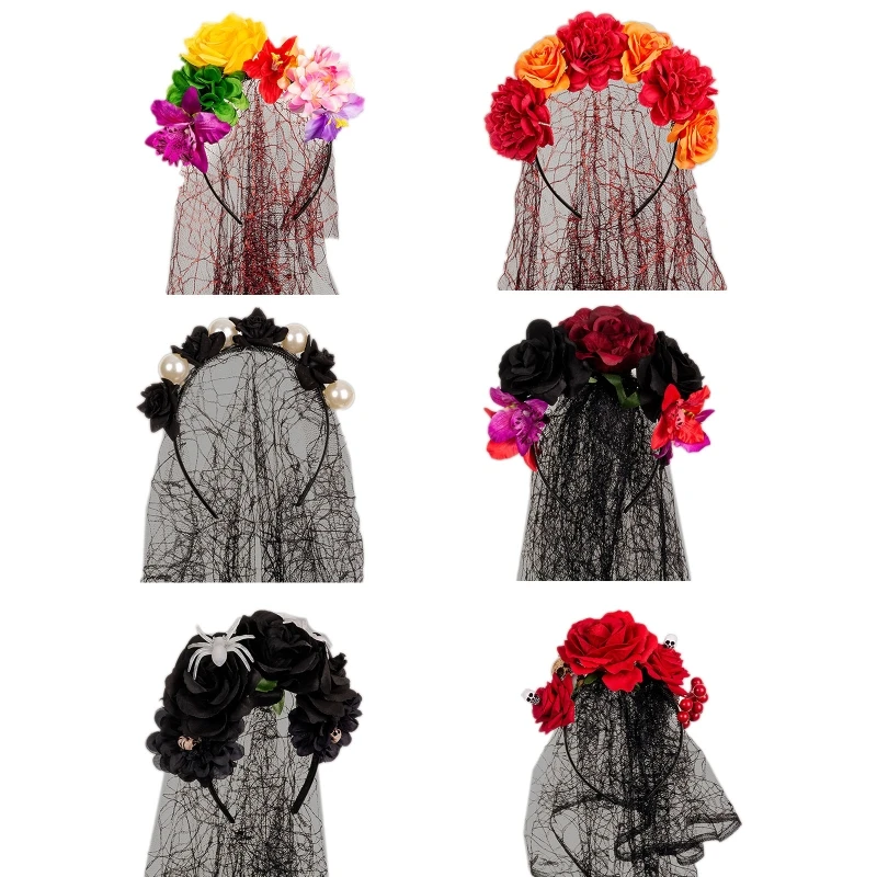 

Fashion Headdress Flowers Pearls Hair Hoop with Veil Headband for Festivals