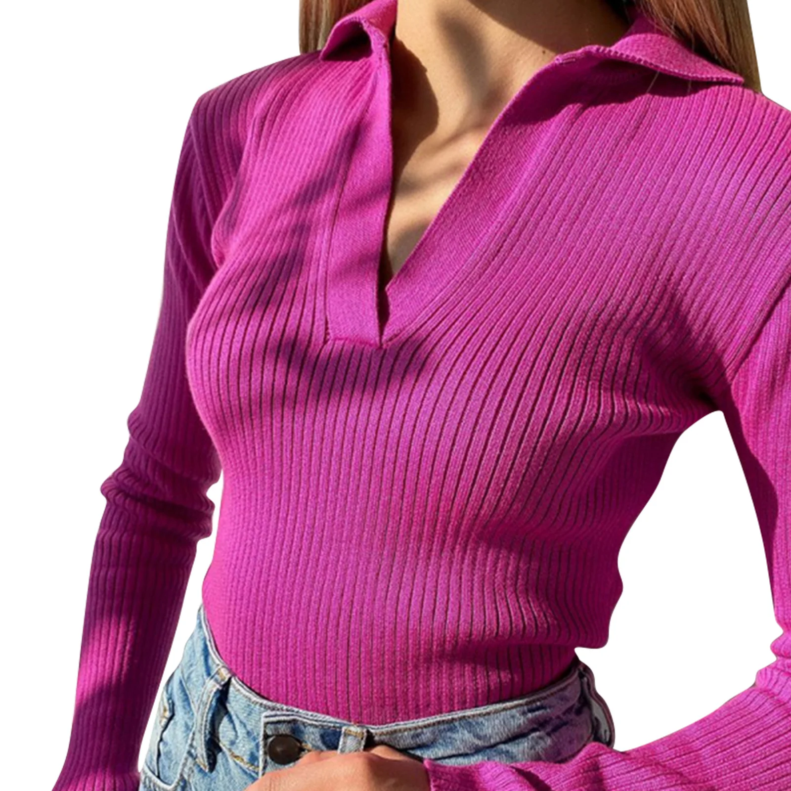 

Женский пуловер с длинным рукавом, однотонный вязаный пуловер с отложным воротником и V-образным вырезом, повседневные топы в рубчик для осени, 2023