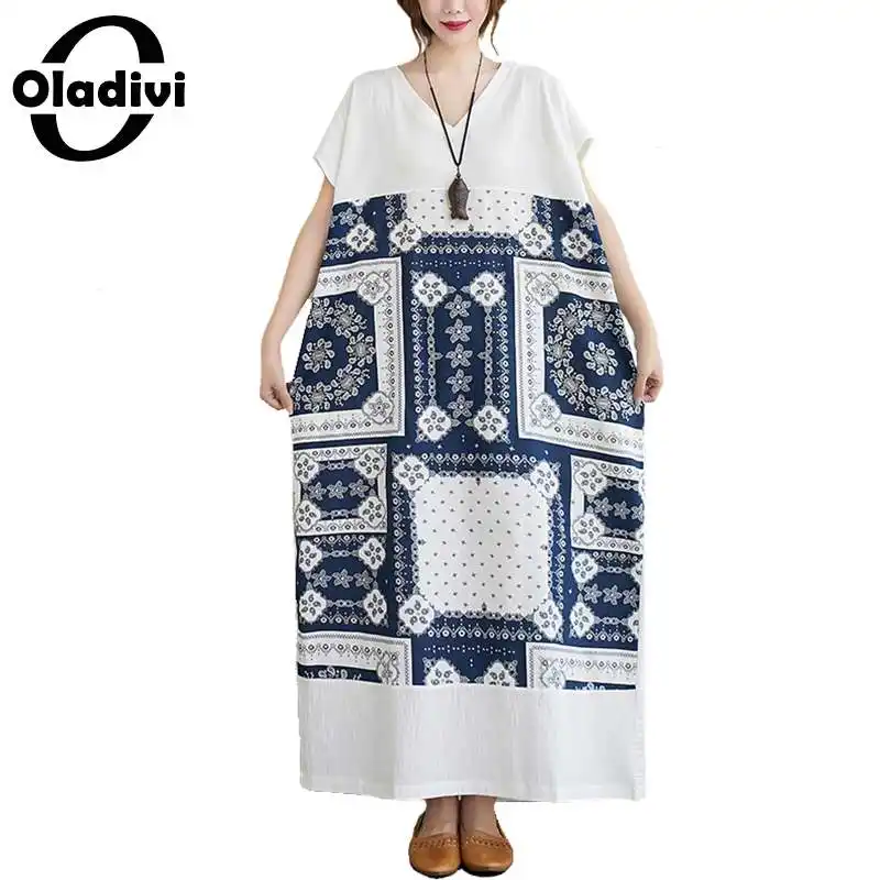 

Oladivi Oversize Oversized Women Fashion Print Cotton Linen Dress Ladies Summer Casual Loose Dresses Tunic Vestidio 8XL 7XL 6XL