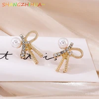 2022 trend koreas new luxury pearl zircon bow earrings for womens fashion unusual jewelry accessories wholesale gifts