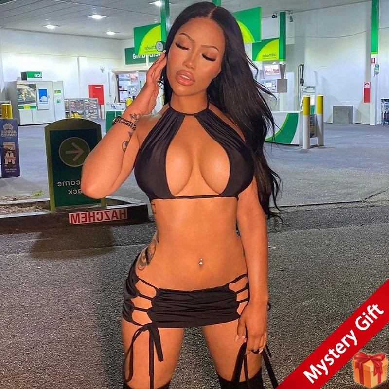 

Halter Crop Top+Drawstring Bodycon skirts Womens 2022 Summer Black Sexy Hollow Strap dress sets Casual ensemble femme 2 pieces