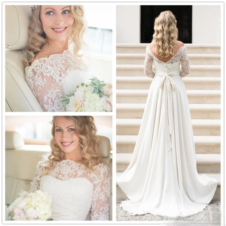 

Bateau Neck Lace Appliqued with Half Sleeve Boho A Line Sweep Train Long Bridal Gown Vintage Beach Wedding Dresses