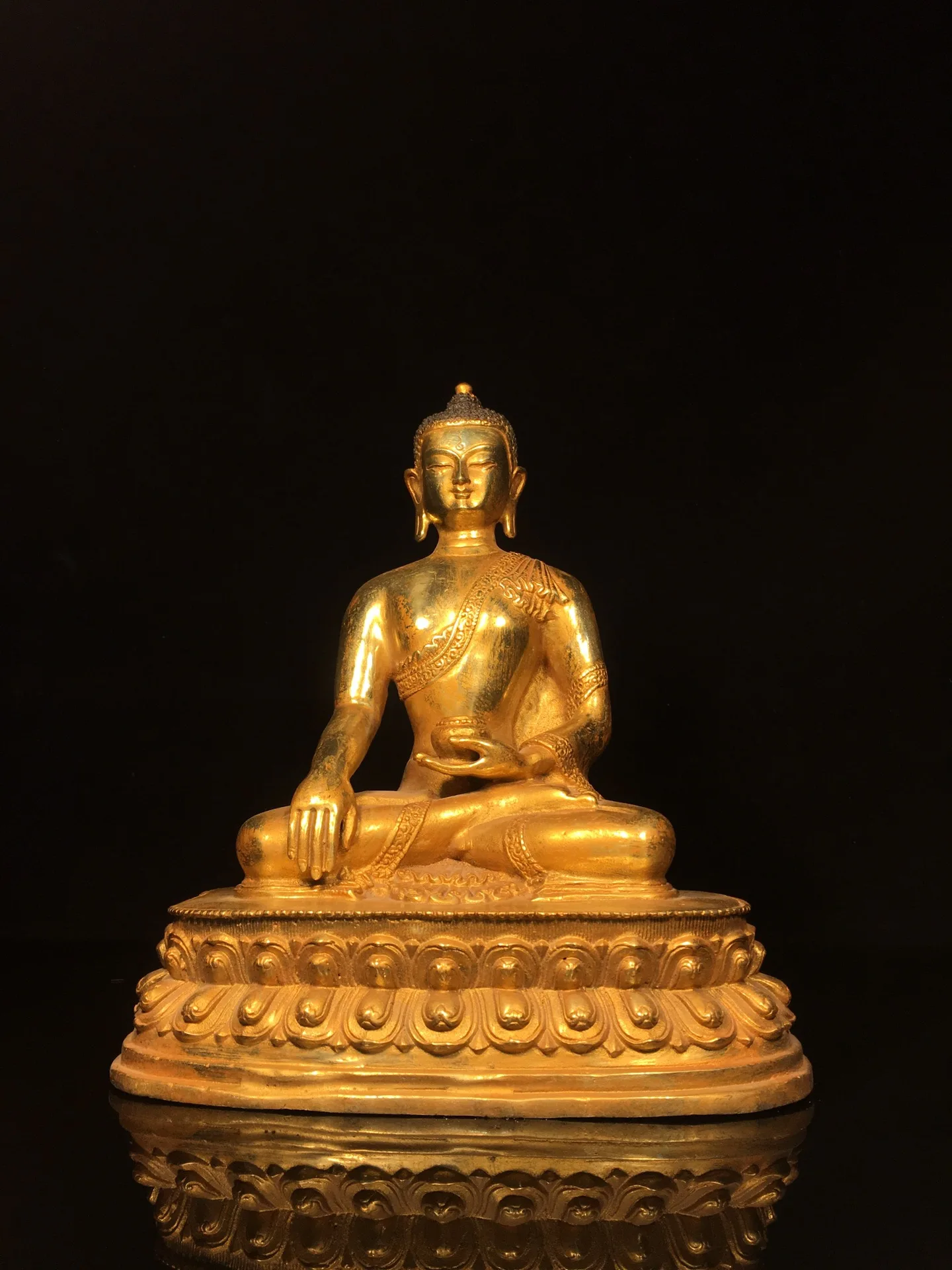 

10"Tibetan Temple Collection Old Bronze Gilt Shakyamuni Amitabha Buddha Double Lotus Platform Worship Hall Town house Exorcism