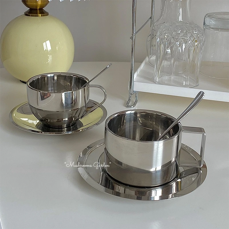 

*Mushrooms Garden*Korean Style Niche Coffee Cup and Saucer Set Retro Stainless Steel Coffee Cup Exquisite Afternoon Tea Cup