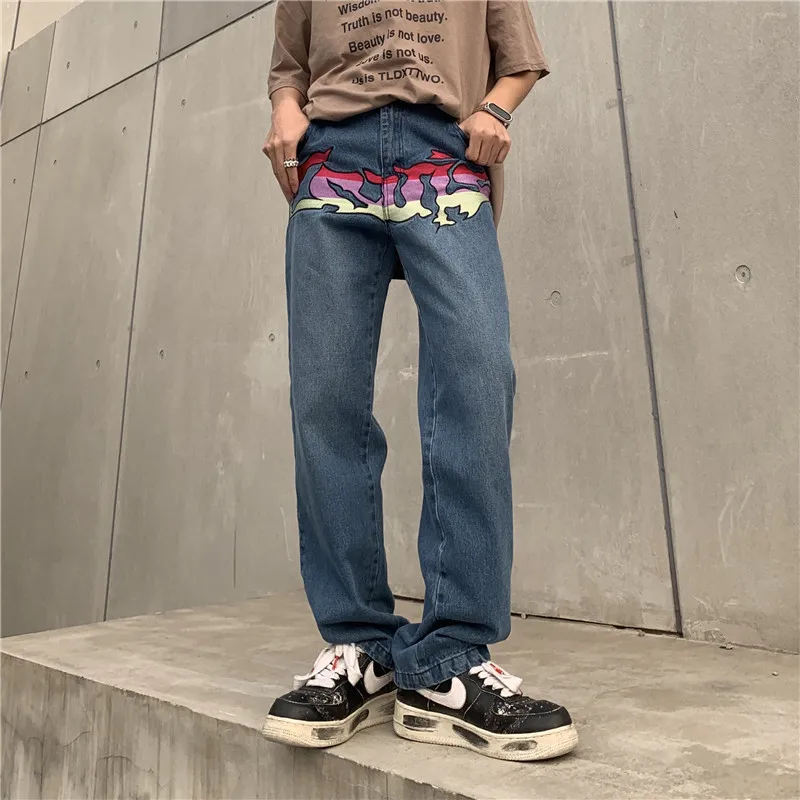 Flame Embroidery Streetwear Retro Casual Denim Trousers Mens and Womens Straight Ripped Washed Oversized Baggy Jeans Pants