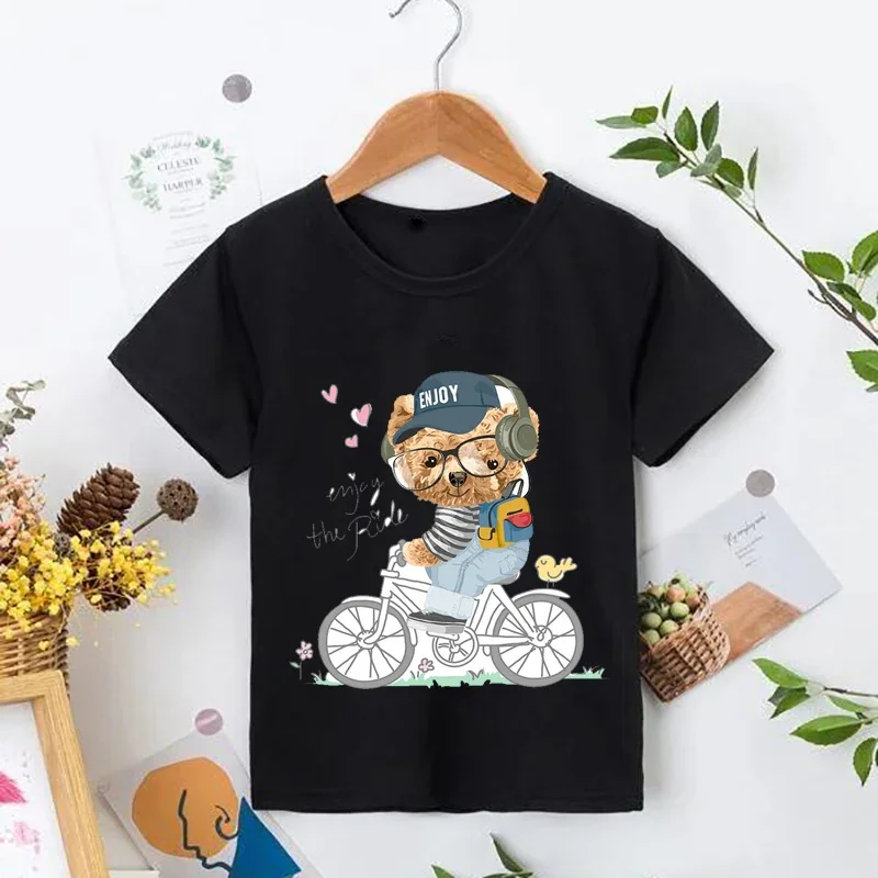 

Teddy Bear Skateboard Bear cartoon Kids Boys/Girls White T-shirt black Summer Funny Clothes Little Baby Y2K Clothes,Drop Ship