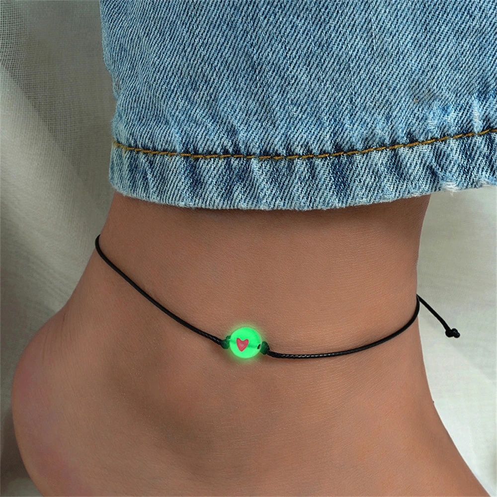 

Simple Luminous Anklets For Women Men Adjustable Couples Rope Bracelet Luminous Acrylic Heart Bead Ankle Bracelet Foot Jewelry