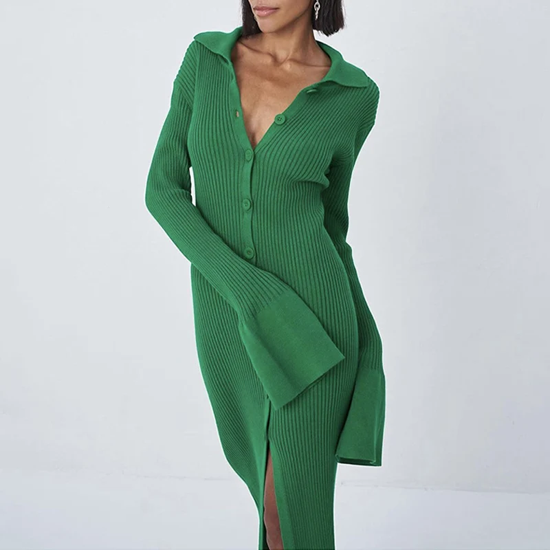 

Женское трикотажное платье-свитер, однотонное однобортное длинное облегающее платье-свитер с глубоким V-образным вырезом, Осень-зима 2021
