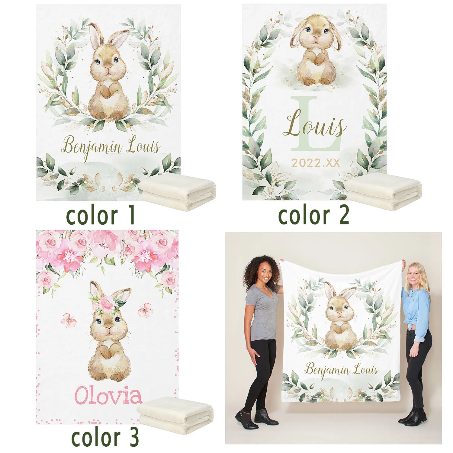 LVYZIHO Personalized Cute Bunny Rabbit Greenery Gold Baby Blanket - 30x40 / 48x60 / 60x80 Inches - Fleece Blanket