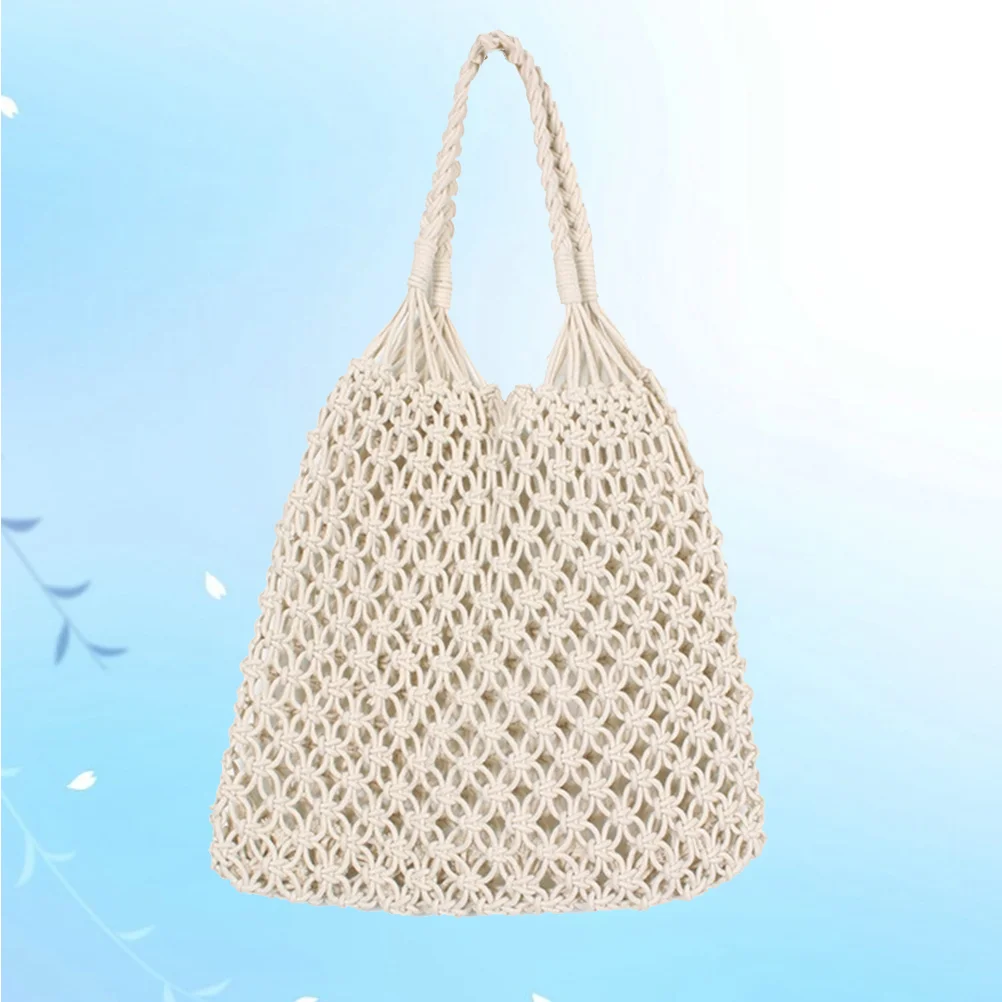 

Beach Mesh Knitted Tote Woven Women Cotton Straw Shoulder String Grocery Shopping Purse Travel Handbag White Reusable Packable