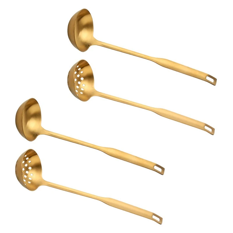 

JFBL Hot 4 Pieces Gold Metal Soup Ladle Colander Set, Long Handle Stainless Steel Kitchenware Cookware Serving Spoon For Hotpot