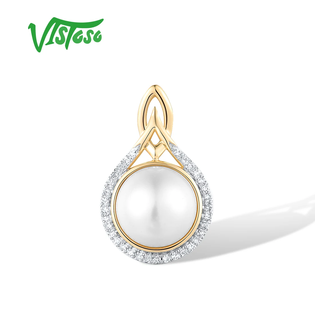 

VISTOSO Authentic 14K 585 Gold Pendants For Women Pendant Fresh Water White Pearl Diamonds Elegant Wedding Gift Fine Jewelry