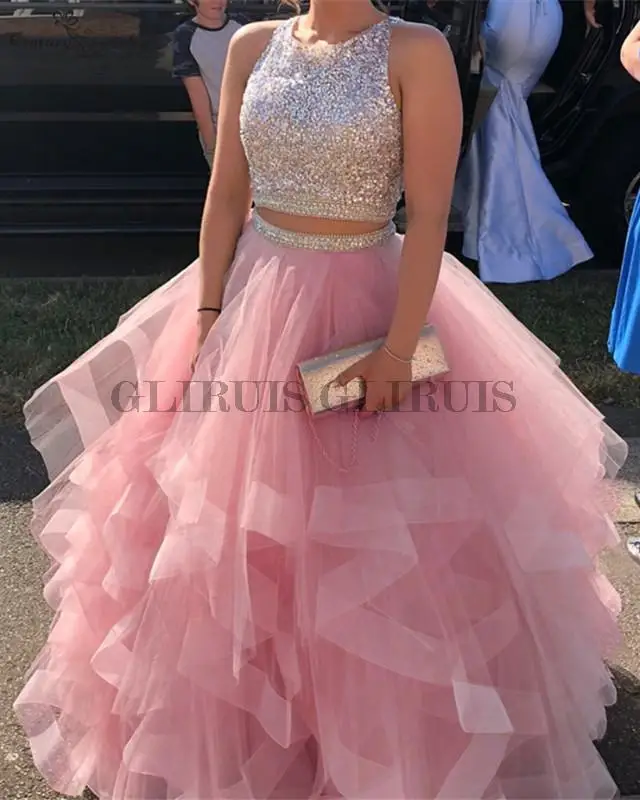 

Two Pieces Princess Quinceanera Dresses Ball Gown Sequins Beaded Ruffles Sweet 16 Dress Birthday Party Gowns
