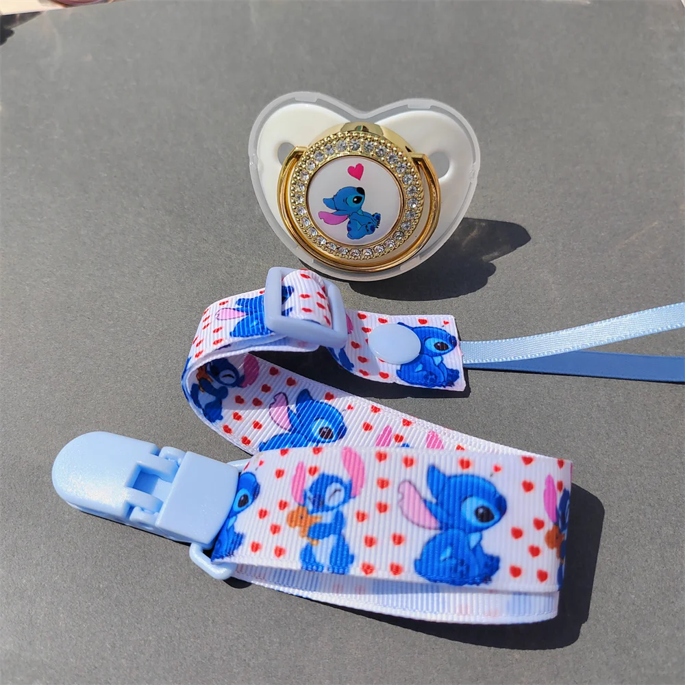 

Disney Silicone Baby Pacifier and Pacifier Cloth strap Clip Bling Rhinestone Bling Baby Silicone Nipples BPA Free Stippy Print