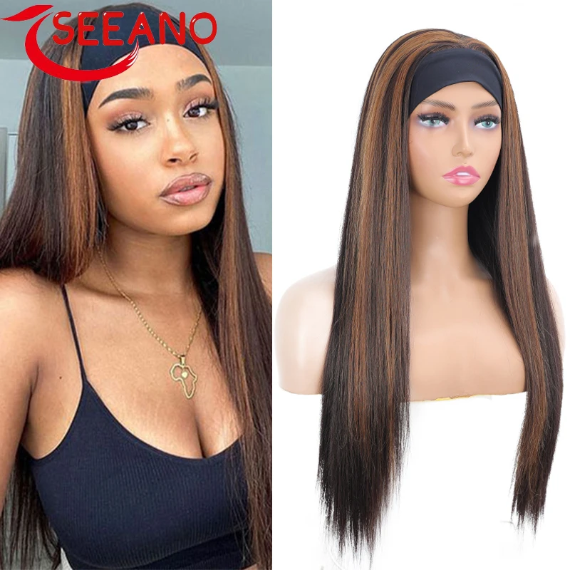SEEANO Synthetic Women's Headband Wigs Brown Mixed Blonde Long Straight Hair Band Wig New Fashion Headwraps  For Black Women