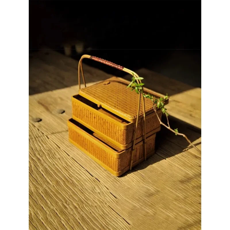 

Handmade bamboo woven rattan woven basket, multi-layer lunch box, tea set, moon cake, Dim sum, basket, storage basket, box