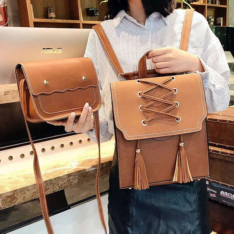 

SEETIC 2pcs Set Fashion Women Backpack Pu Leather School Backpack Women Shoulder Bag Female Solid Color Ladies Backpack