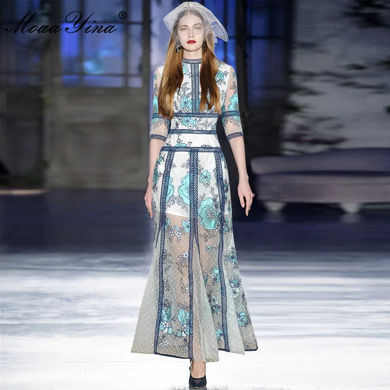 

Fashion Designer Spring dress Women Round Neck Half Sleeve Printing Hollow Out Grace Casual Blue Ankle-Length Dress