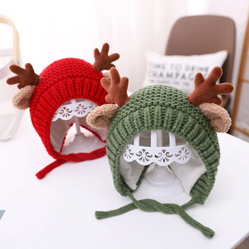 

Cute Deer Elk Antlers Baby Hat Winter Autumn Warm Plush Knitted Ear Warmer Children Hat Bonnet Boys Girls Beanie Christmas Hats