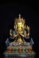 19 tibetan temple collection old bronze filigree outline in gold gem dzi beads four armed guanyin lotus platform worship buddha