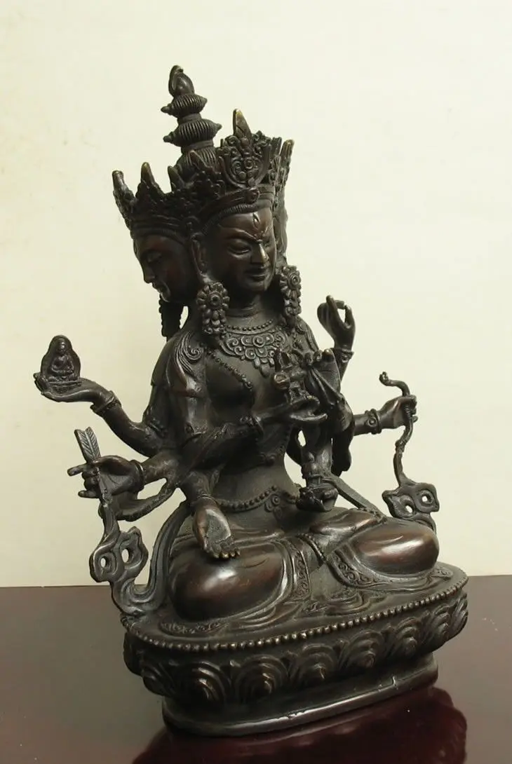 

Old bronze buddha Pray (with) three heads and six arms Statue ~Wish U Wealth