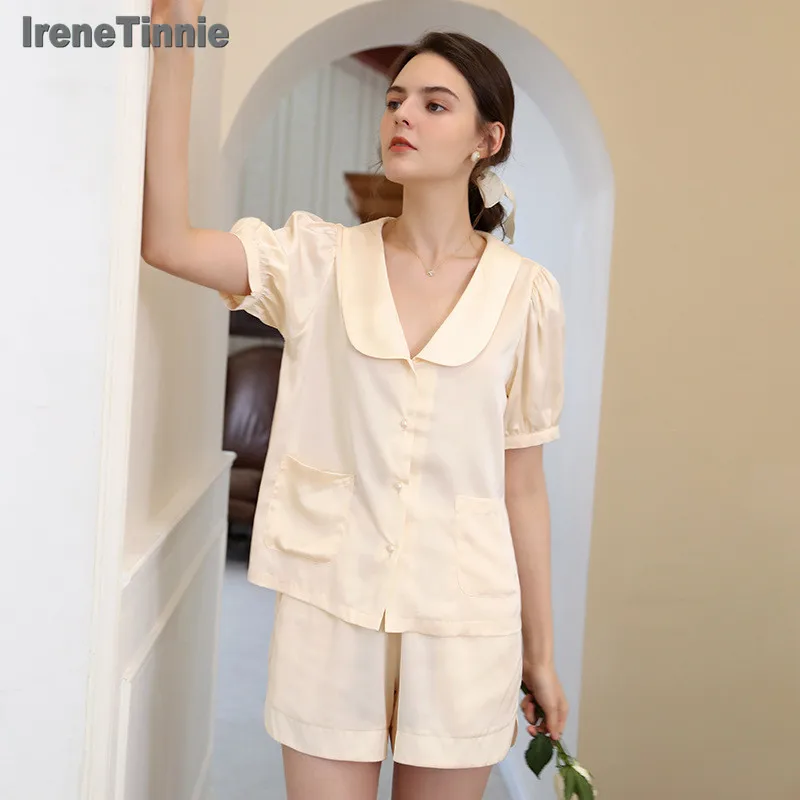 

IRENE TINNIE 2022 Short Sleeve Shorts Sleepwear Elegant Fashion pijama mujer Summer pajamas for women ensemble femme 2 pièces