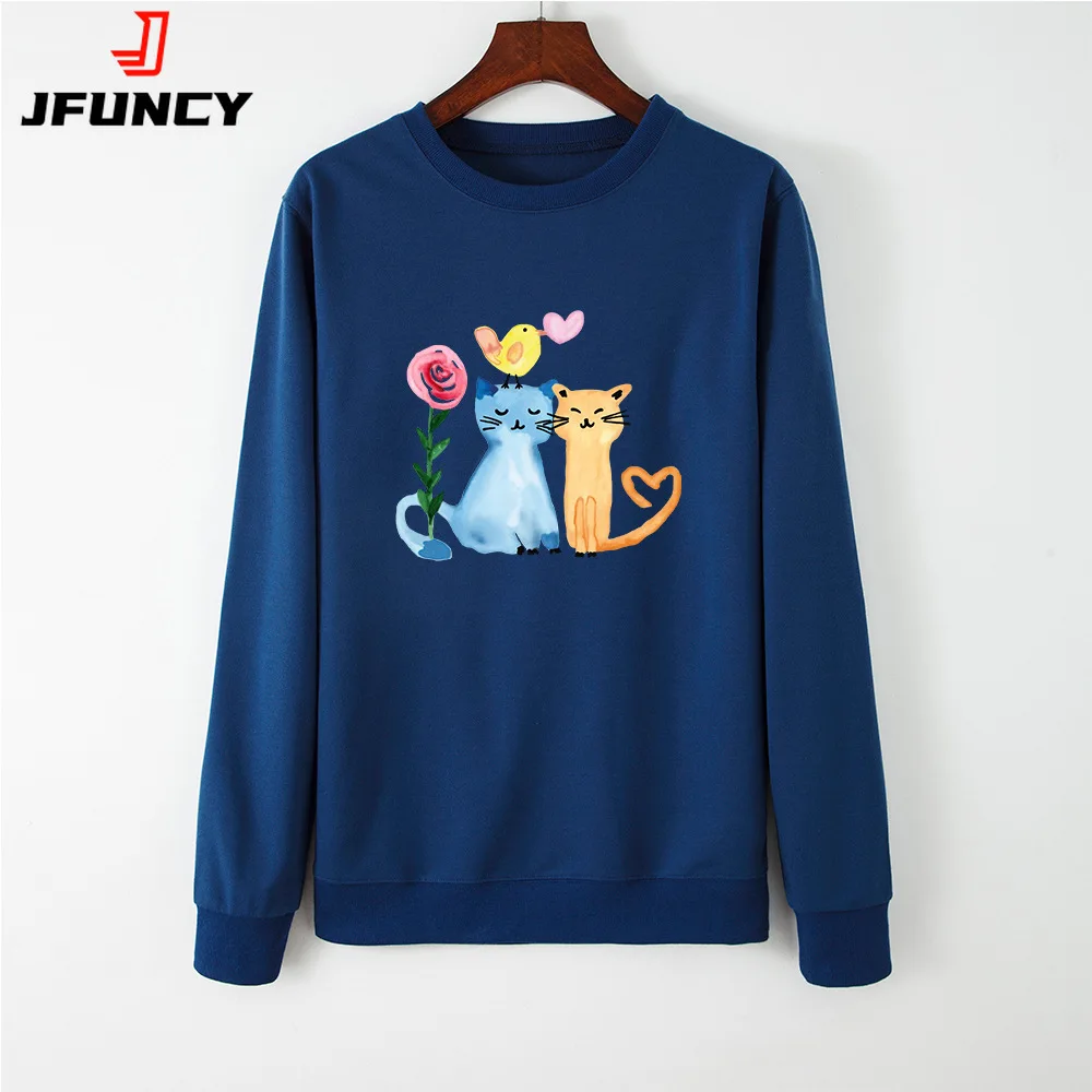 

JFUNCY 2022 Women O-Neck Pullover Korean Fashion Female Sweatshirts Autumn Long Sleeve Streetwear Harajuku Cute Cat Print Tops