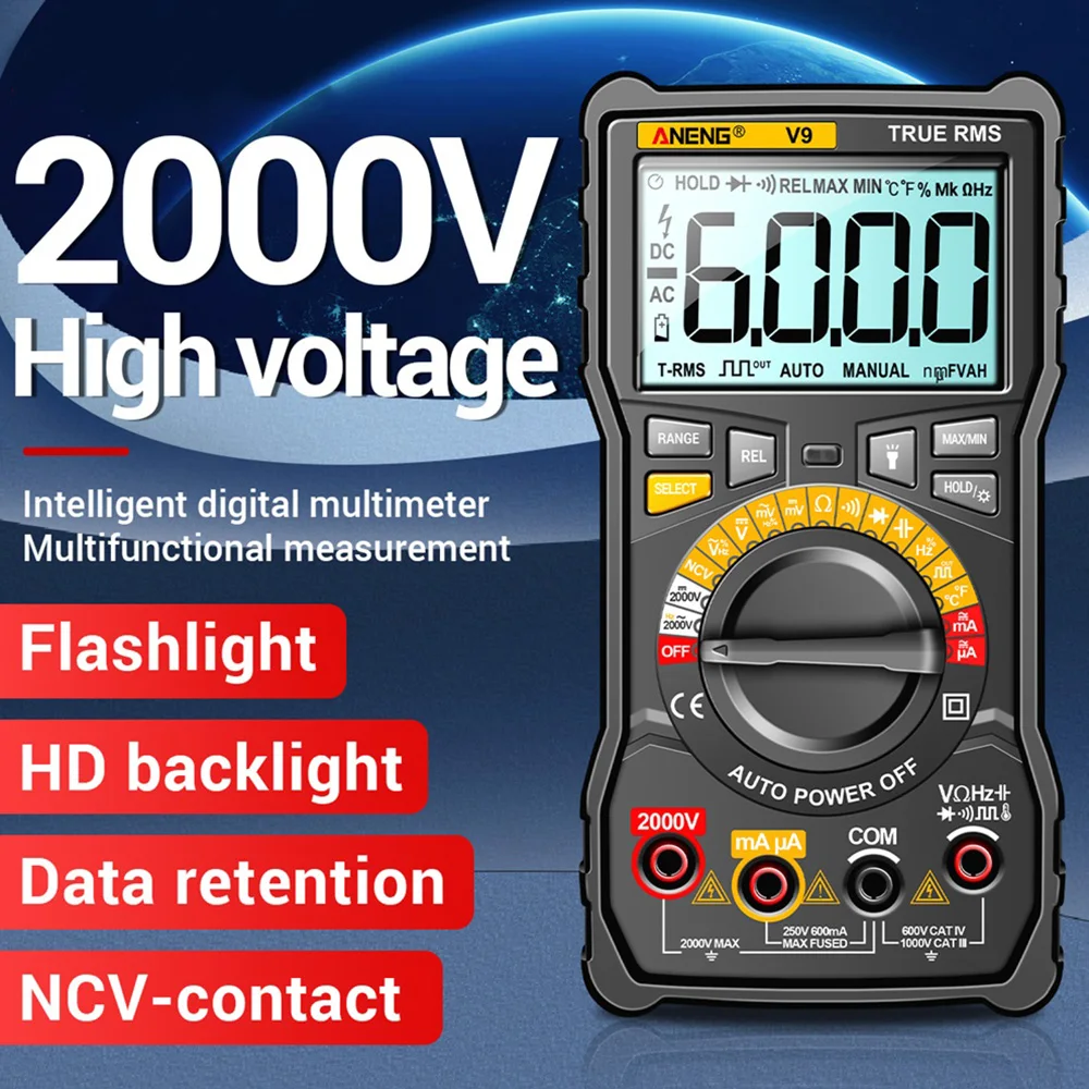

V9 Digital Multimeter Profesional True RMS 6000 Counts NCV DC/AC Current Voltage LCD Accurate Auto Range Transistor Tester