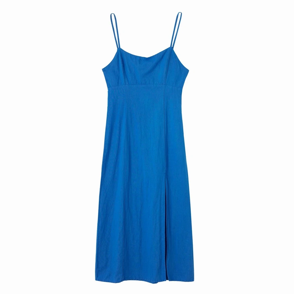 

Women Spaghetti Strap Dress Summer 2022 New Fashion Blue Cotton Linen Material Mid-Calf Female Vestidos