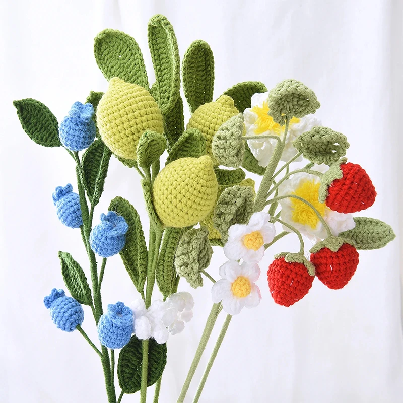 

New Style Handmade Knitting Fruit Flowers Artificial Flower Finished Lemon Blueberry Party Decorations Flowers Bouquets
