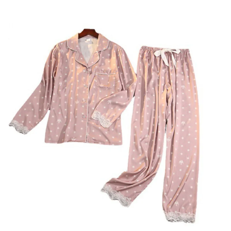 FALLINLAOE Print Fashion Women Pajama Set Sweet Lace Cuff Trousers Long Sleeve Suit Pyjamas