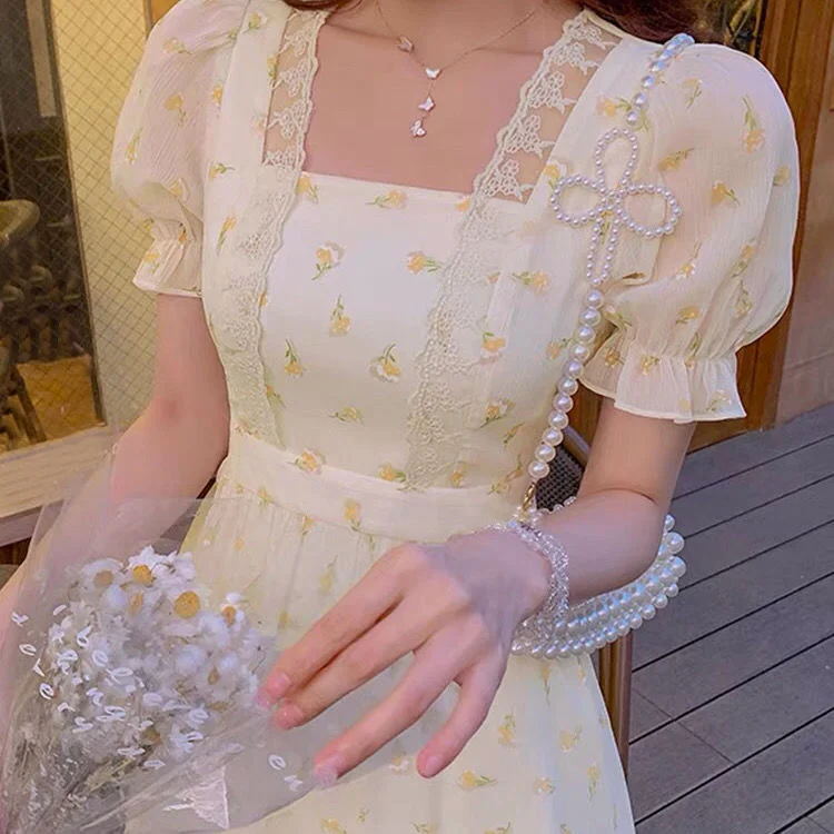 

Korean Fashion Flower Mini Dresses Women Buffer Sleeve Elegant Party Dress Female 2021 Summer Lace Up Sweet Casual Dress Y2k