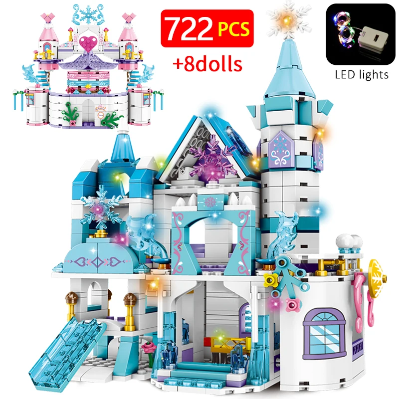 

722Pcs Fantasy Architecture Ice Princess Castle House Building Blocks City LED Friends Famous Movie Figures Bricks Girls Toys