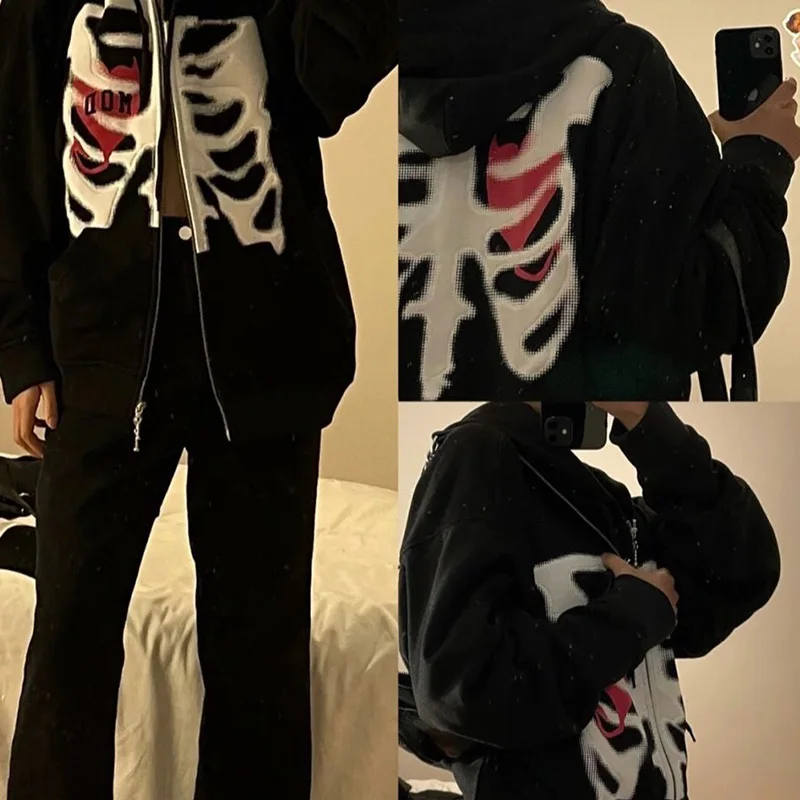 

Skeleton Love Cardigan Jacket Hip Hop Style High Street Mujer Long Sleeve Clothes Punk Bones Zip Loose Women Hoodie Streetwear