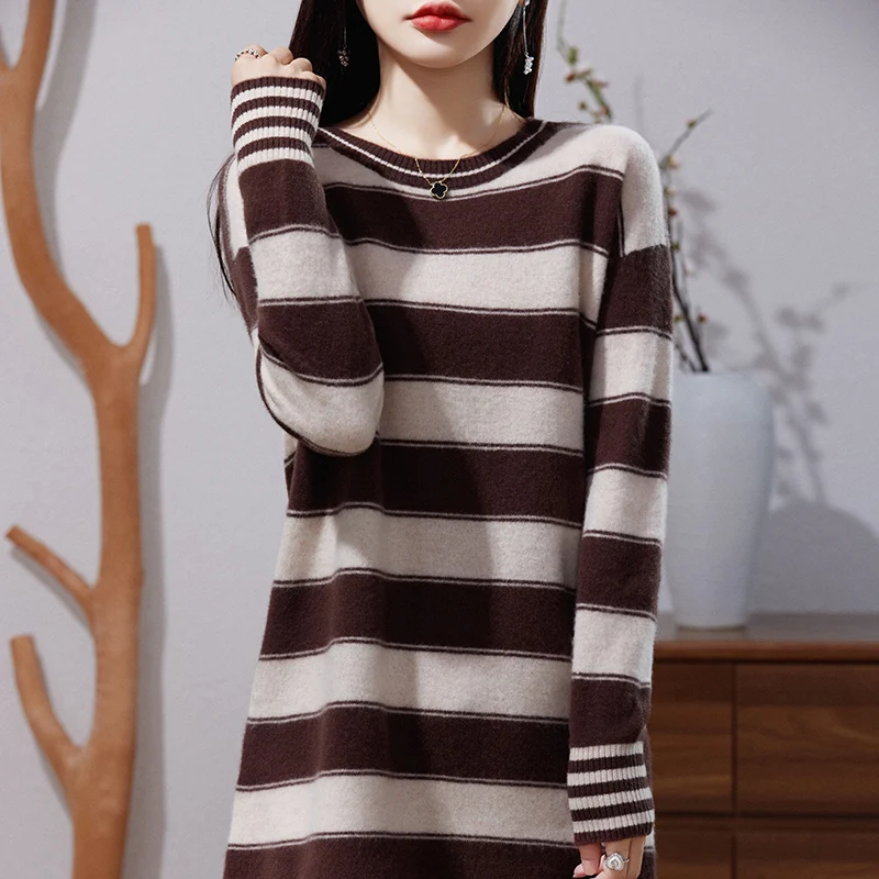 

Autumn And Winter New Wool Sweater Women Loose Lazy Wind Fashion Striped Dress Casual Joker Ladies Knitted Bottoming Shirt