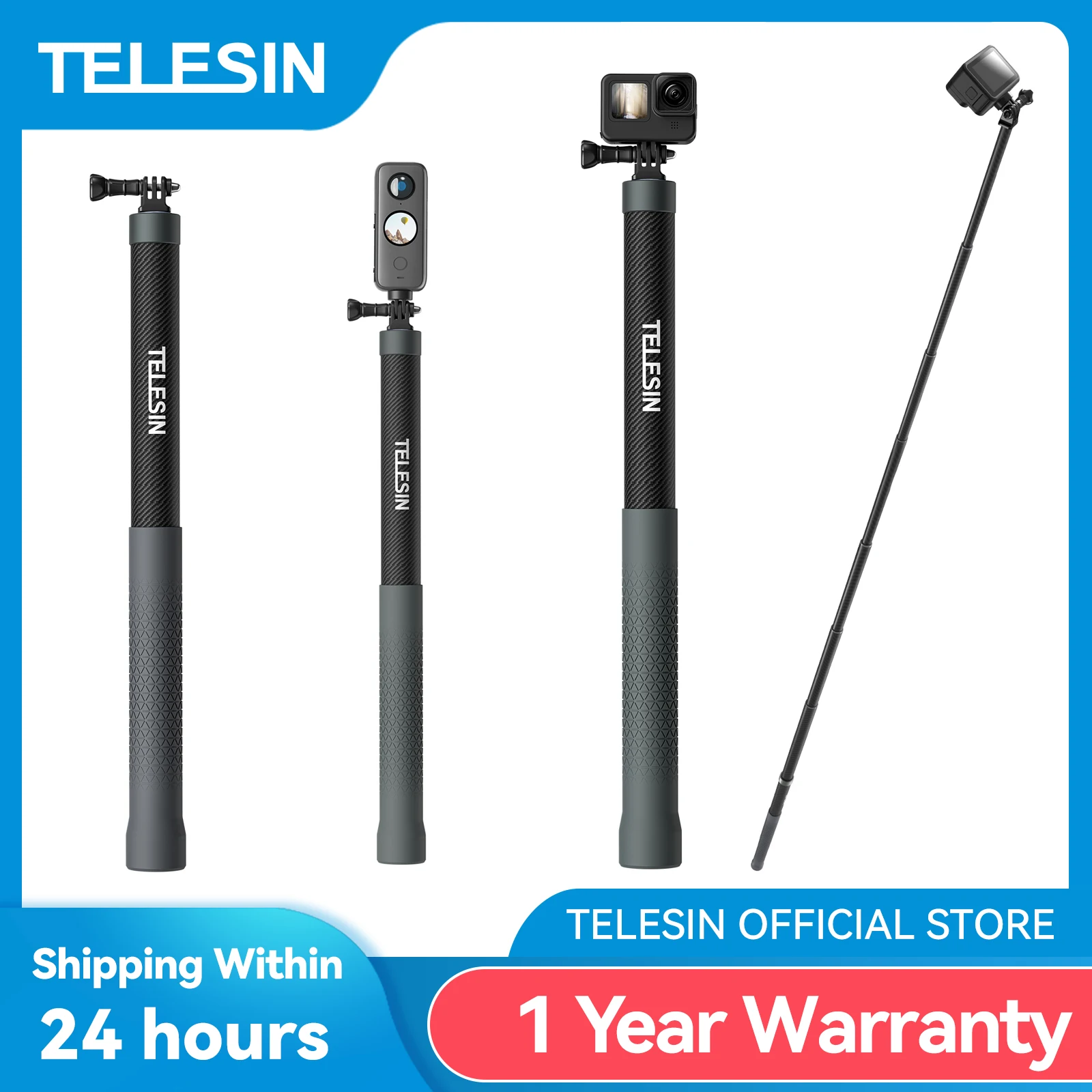 

TELESIN 3M Carbon Fiber Selfie Stick Monopod With 1/4 Screw For GoPro Insta360 Osmo Action DJI Action Camera Mobile phone