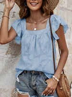 elegant ladies clothing 2022summer new jacquard sweet and cute vest chiffon flying sleeves square neck top loose casual pullover