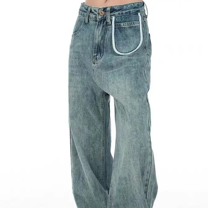 

SuperAen Джинсы Женские Новые Карманы Лето и осень 2023 Высокая талия свободные широкие брюки