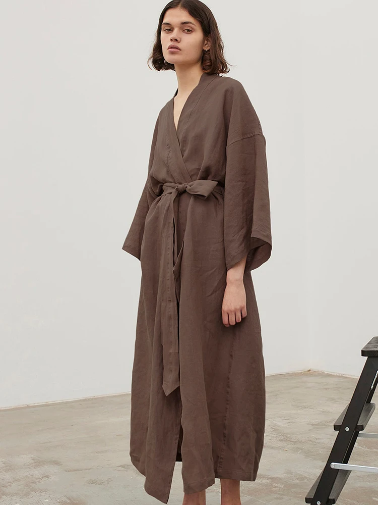 

Халаты Restve Brwon для женщин, хлопковая одежда для сна с рукавом три четверти, свободный халат с поясом, Женская Осенняя повседневная одежда для сна 2023