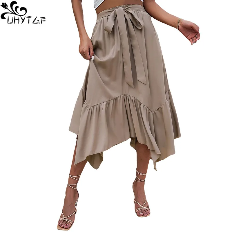 

UHYTGF Skirt For Womens Clothing 2023 Summer New Fashion Lace-Up Irregular Stitching Pleated Casual Khaki Color Ladies Skirt 326