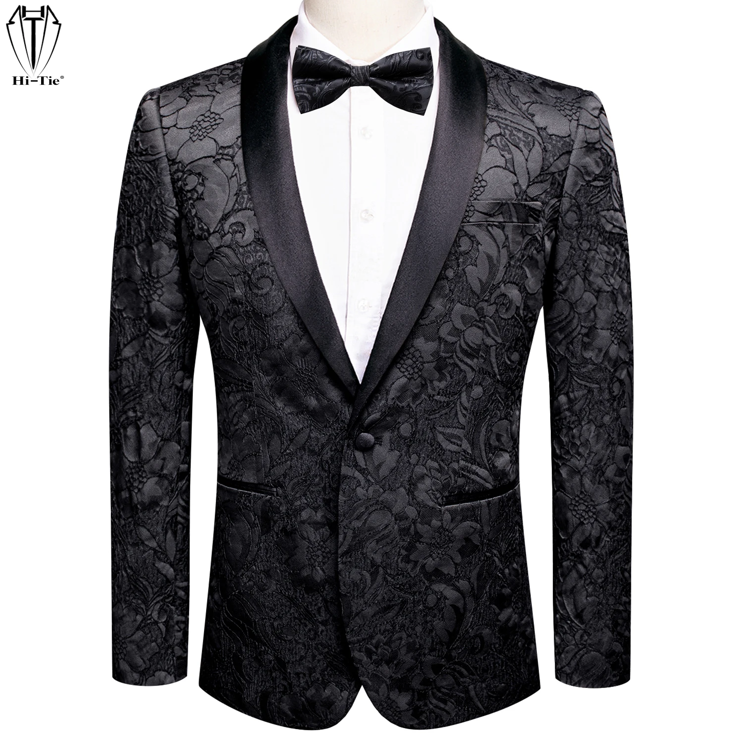 

Hi-Tie Jacquard Mens Suit Shawl Collar Tuxedo Blazers Slim Fit Jacket Coat With Bowtie Pocket Square For Wedding Casual Formal