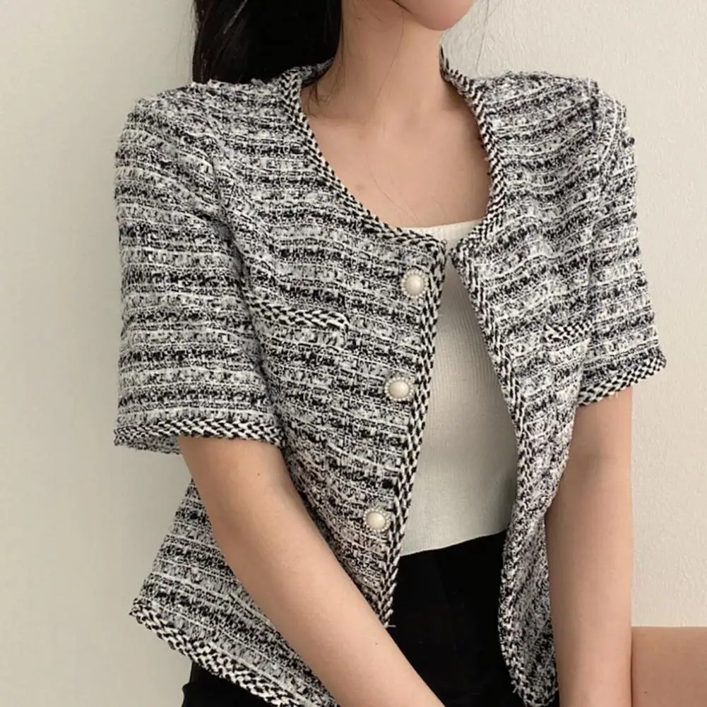 

French Style Coat French Style Women's Short Sleeve Elegant Single-breasted Coat for Spring Fall Fashion Women Cardigan Coat