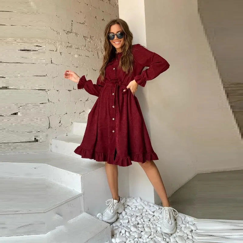 

Vintage female ruffled in casual velvet dress the neck long sleeve knee dressed 2021 autumn button a-line stripe party dress